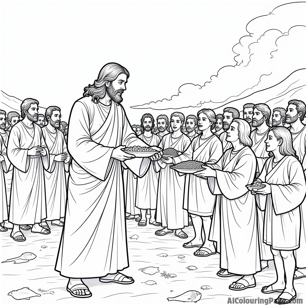 A vibrant depiction of the fish and loaves miracle, with Jesus distributing food to a crowd of hungry people.