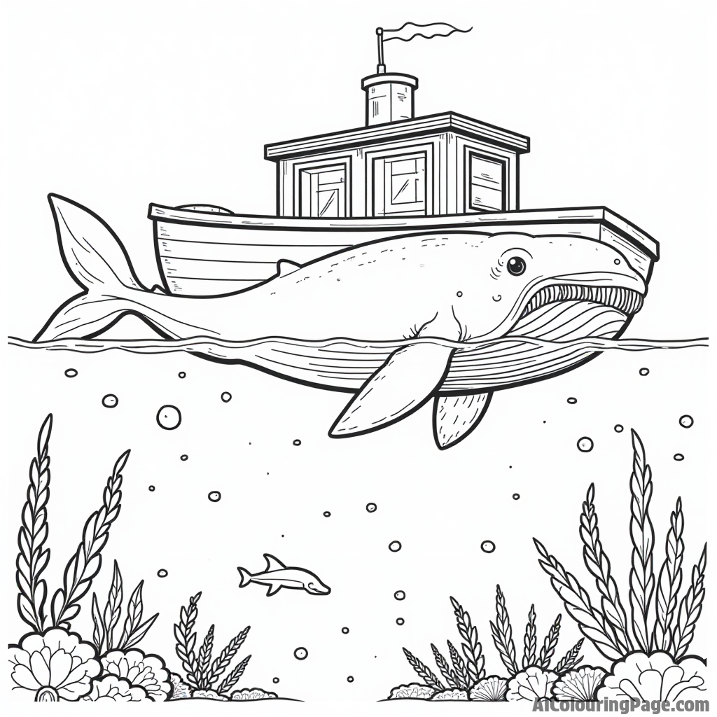 A large friendly whale swimming alongside the ark, while Noah points excitedly to the sea life below.