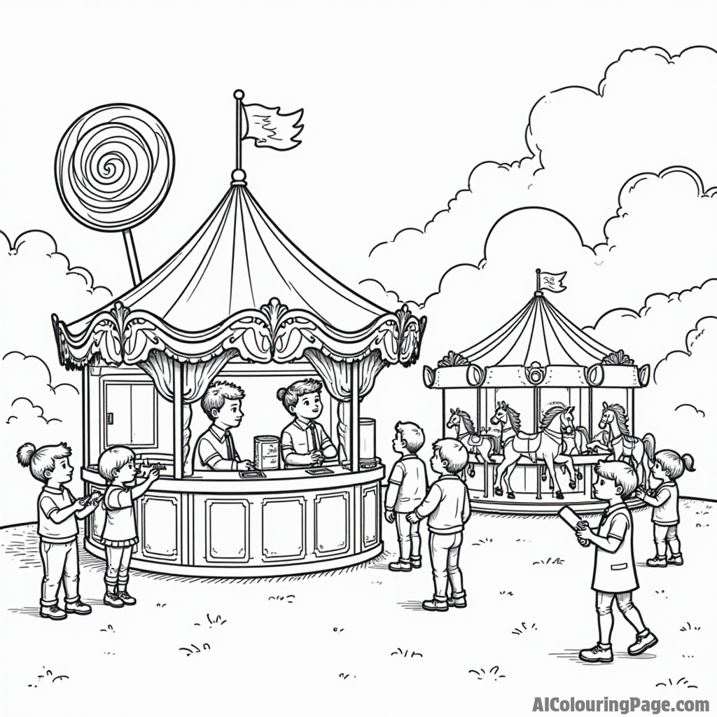 A fun carnival scene with a giant lollipop stand, children playing games, and a carousel with colorful horses nearby