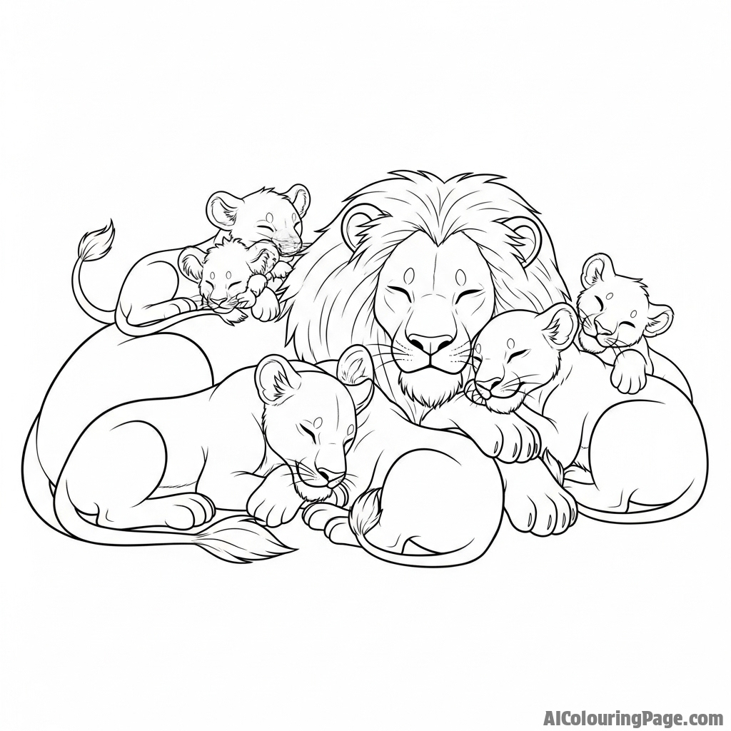 A lion sleeping peacefully, curled up with the rest of its pride.