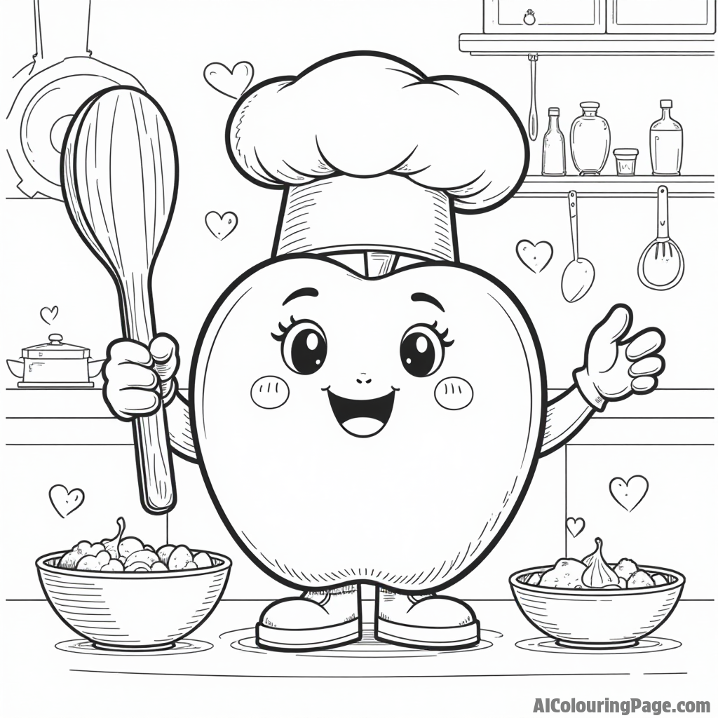 A cheerful apple character wearing a chef hat, holding a wooden spoon, surrounded by playful kitchen utensils in a cozy kitchen.