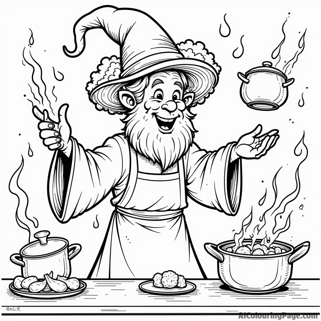 A broccoli wizard casting spells in a magical kitchen, with enchanted pots and pans floating in the air around him.