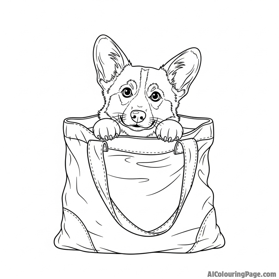 A mischievous corgi peeking out of a canvas tote bag.