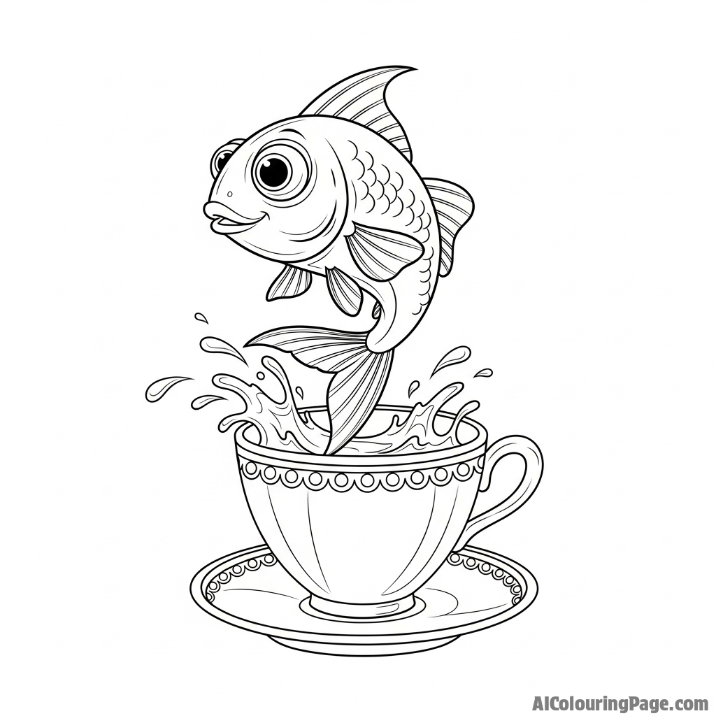 A fish jumping out of a teacup, a surreal, miniature scene.
