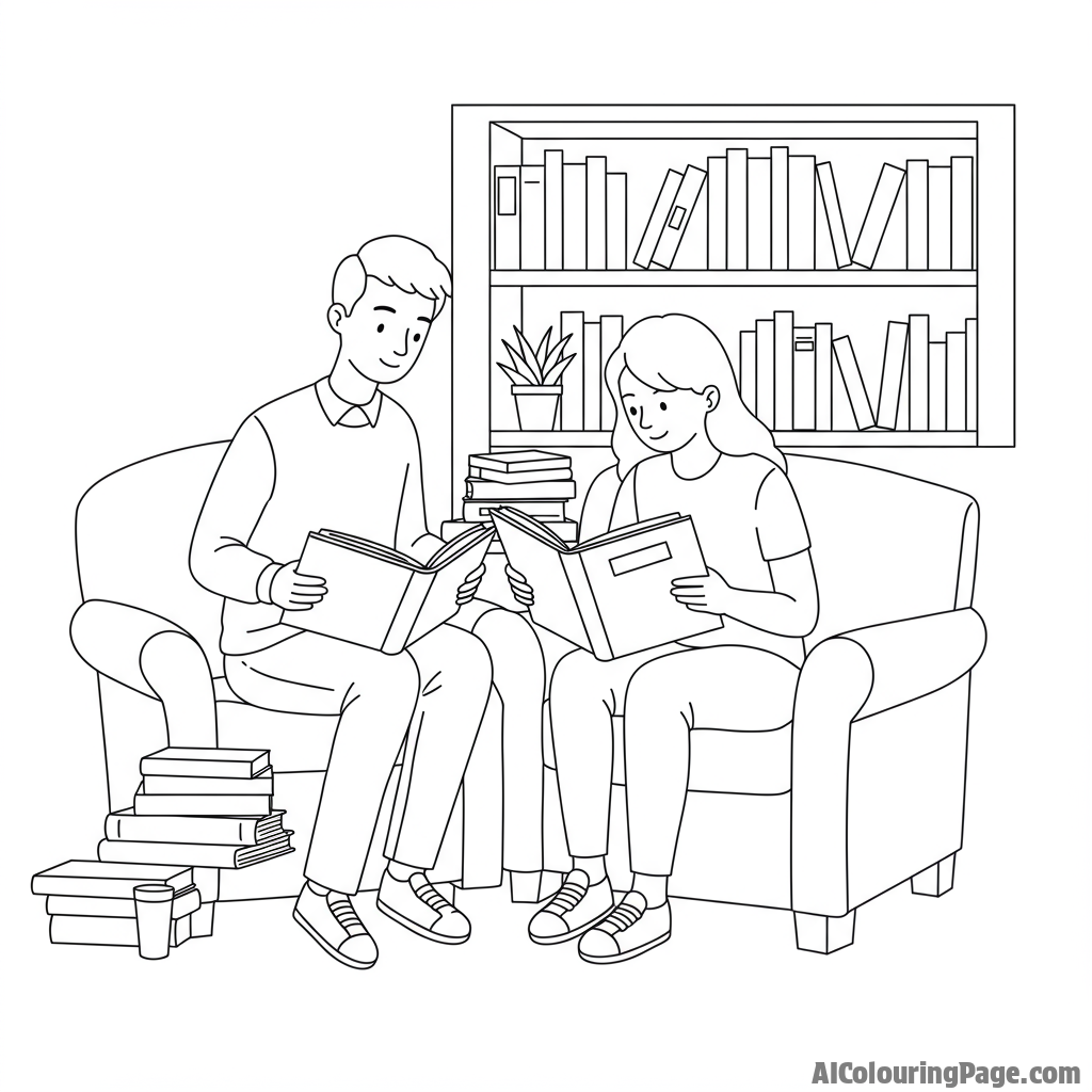Best friends reading books together in a quiet library corner.
