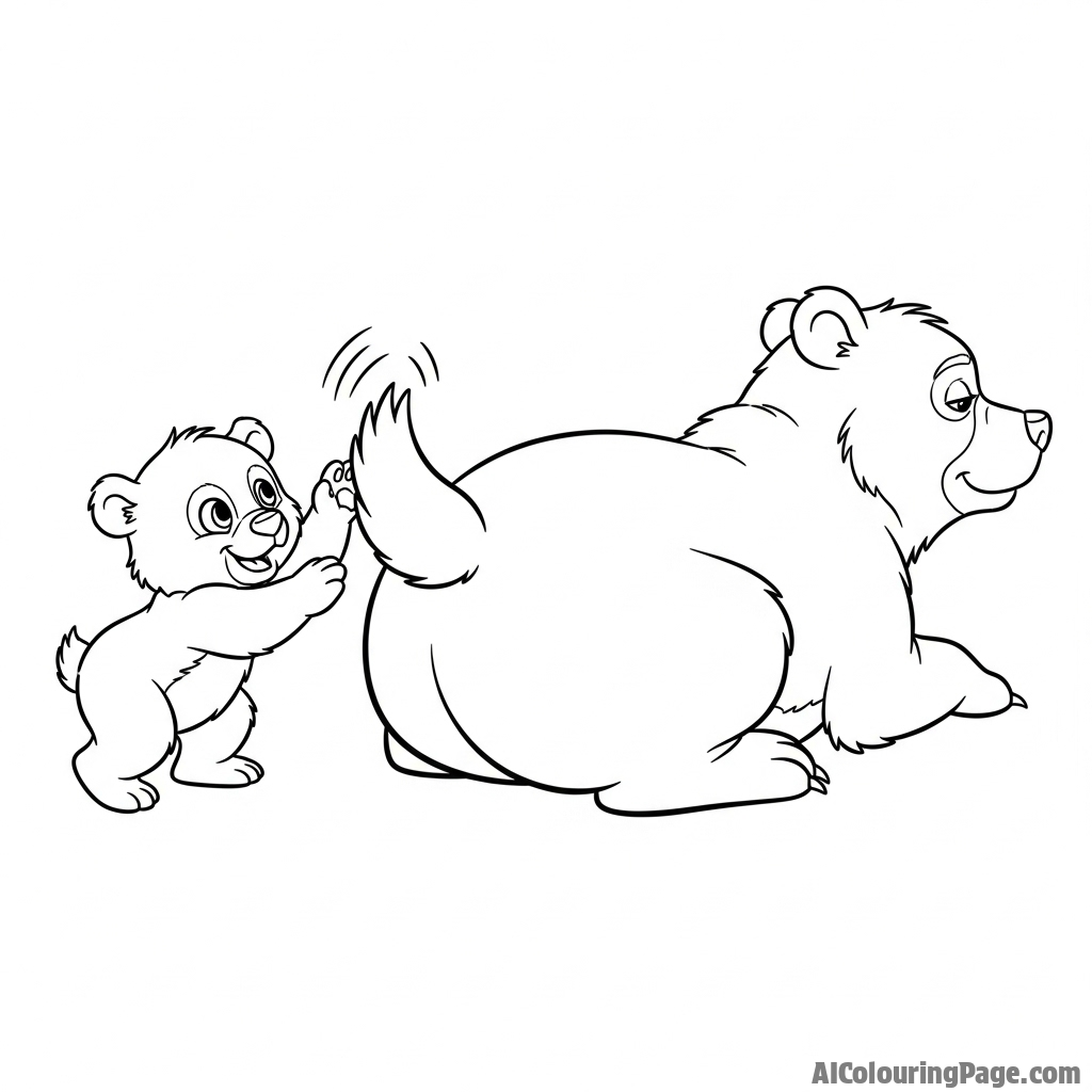 A playful cub batting gently at its mother's twitching tail.