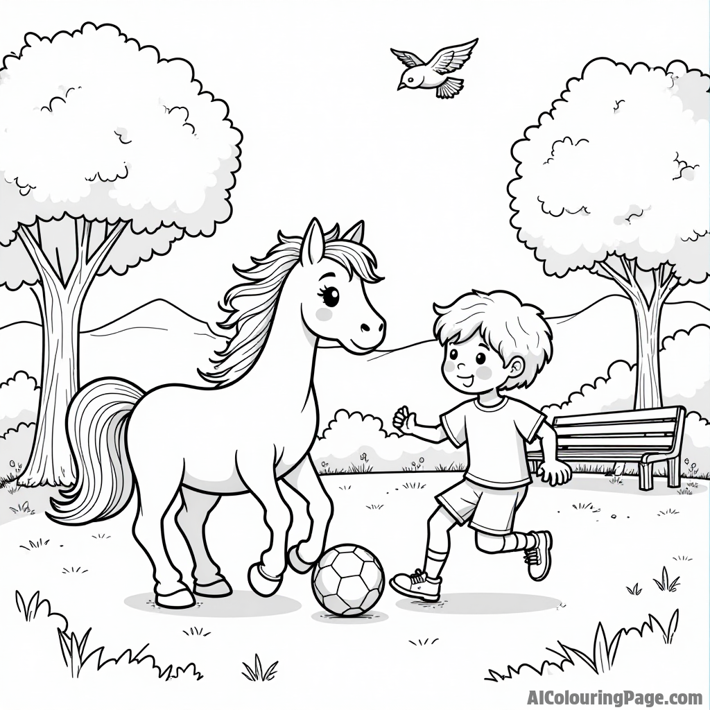 A pony and a child playing soccer in a lively park with trees, benches, and cheerful birds around.