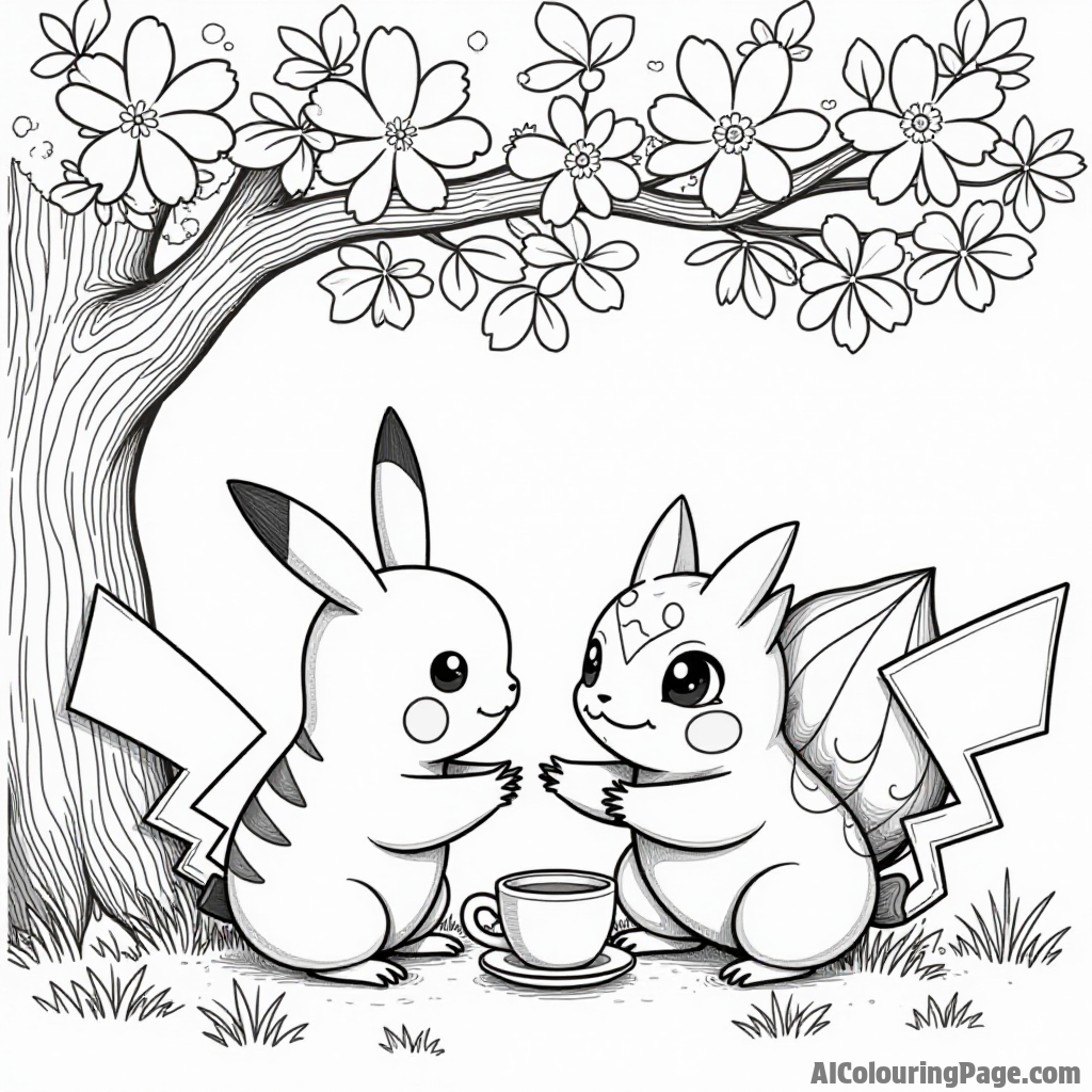 Pikachu and a charming Bulbasaur having a tea party under a flowering tree