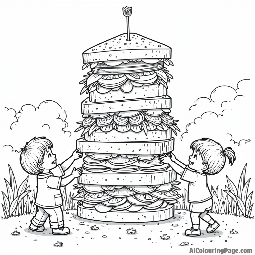 A group of children building a giant sandwich tower with various ingredients in a lively garden setting.