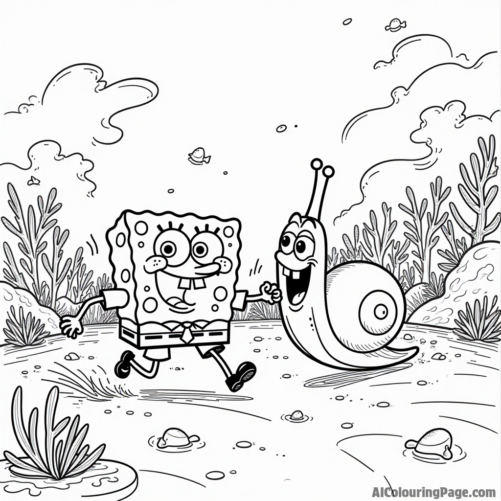 SpongeBob and Gary the Snail having a race in Bikini Bottom with cheering fish spectators and colorful coral in background