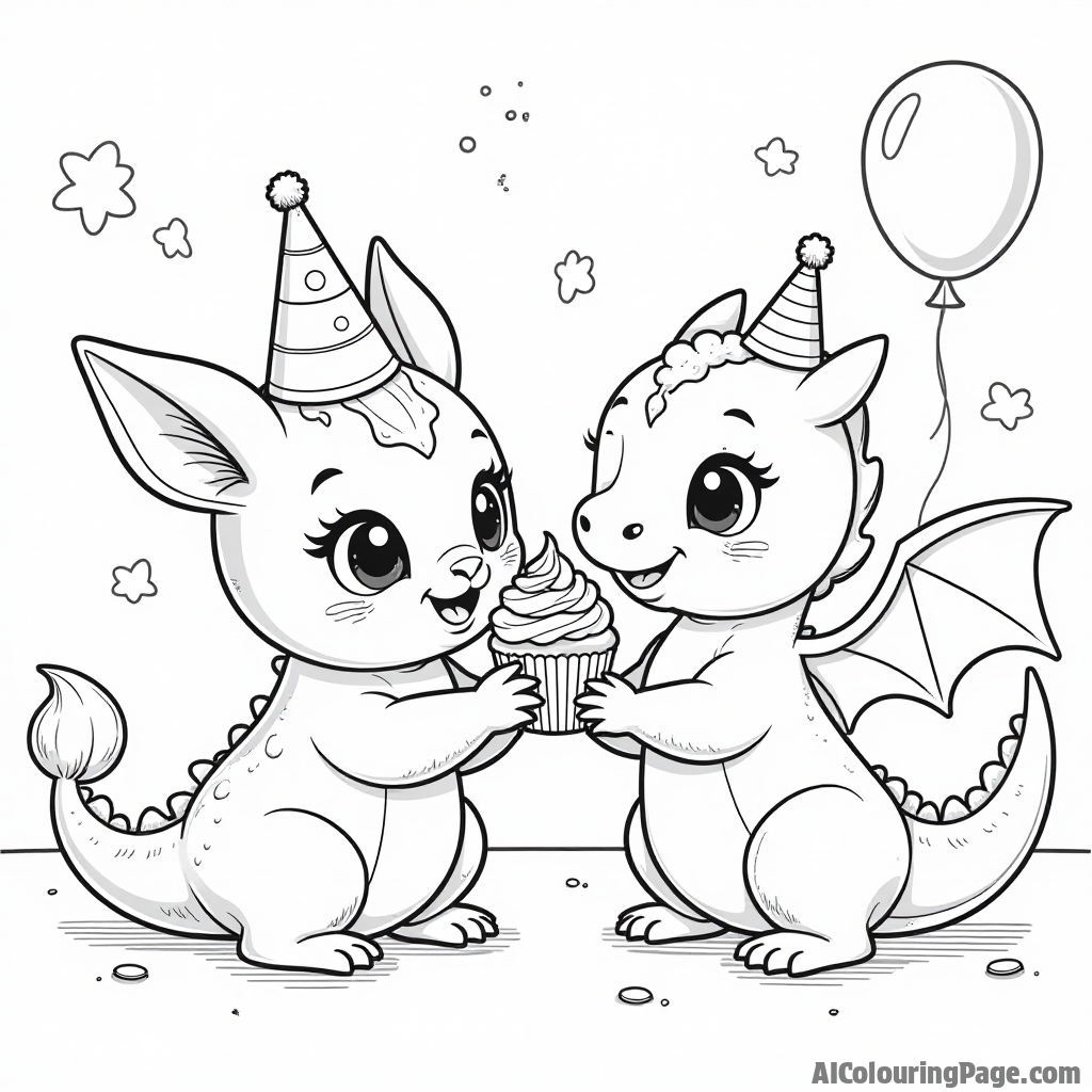 A Hatchimal and a friendly dragon sharing a cupcake at a birthday party, with balloons and a cake in the background, making a festive coloring page for children in this Toys and Games Coloring Pages theme.