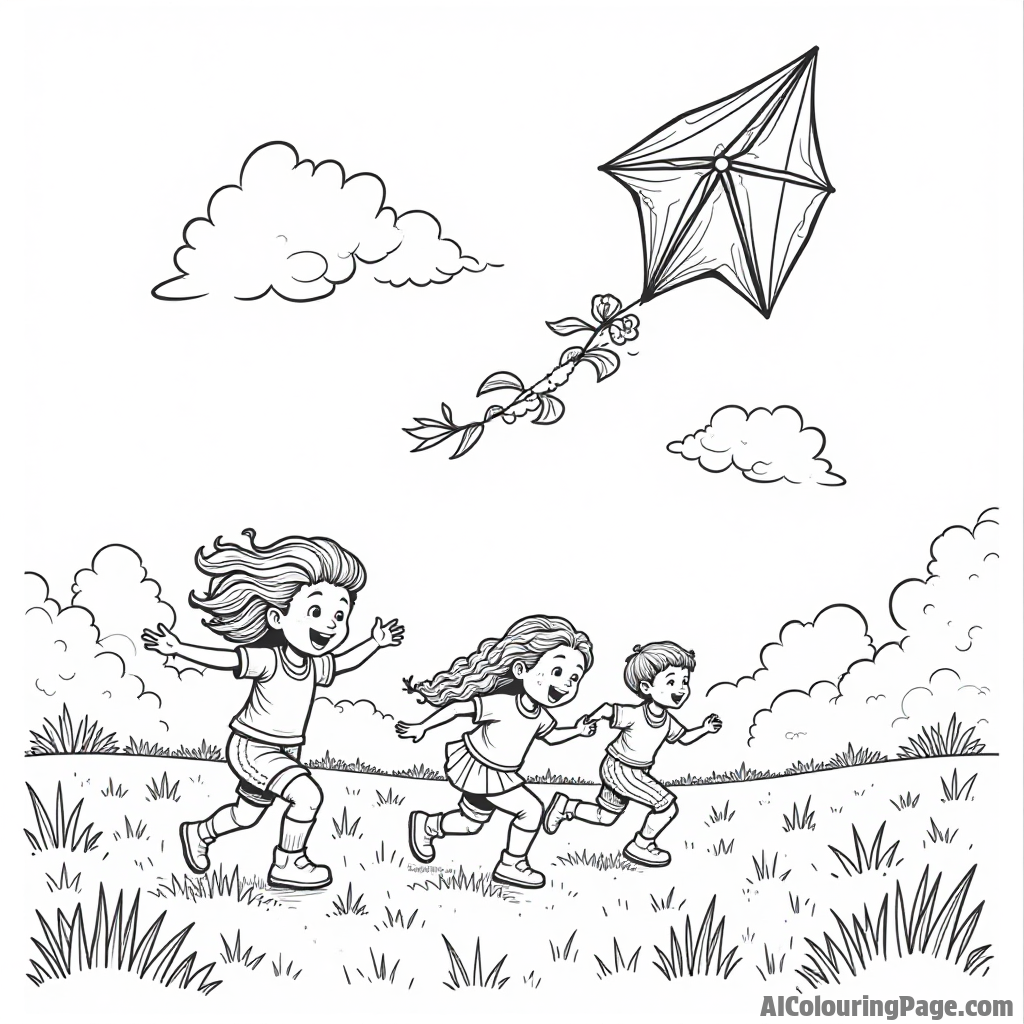 A colorful kite flying high in the sky, with children running joyfully in a grassy field, creating a fun outdoor scene.