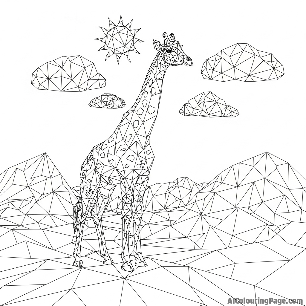 Low-poly digital art of a giraffe on a geometric landscape.