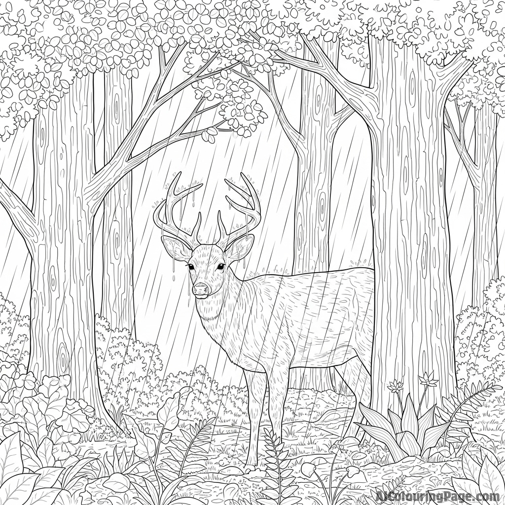 A deer partially obscured by heavy rainfall in a dense wood.