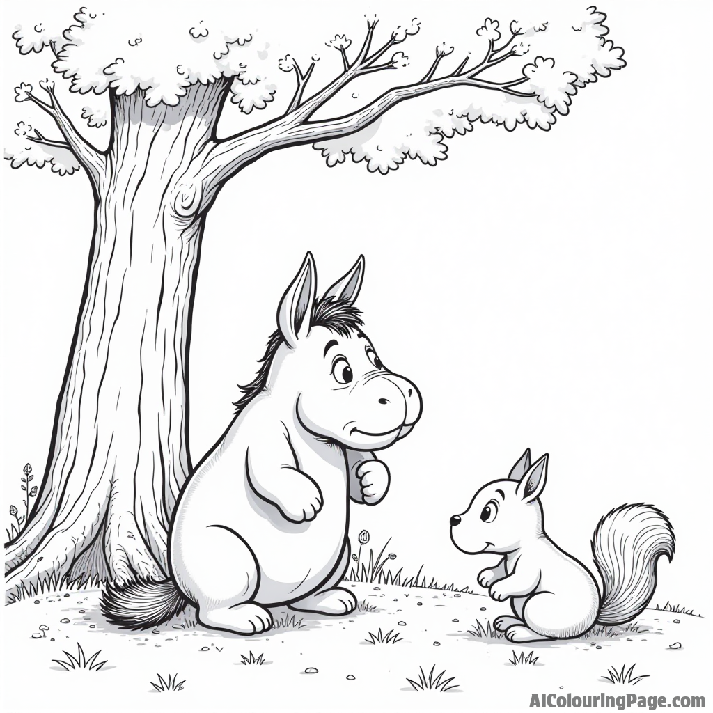 Eeyore looking for his missing tail, with a sad expression under a big tree and a curious squirrel watching.