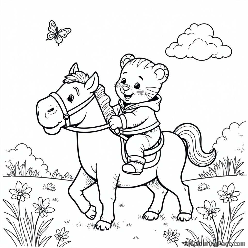 Daniel Tiger riding a pony in a pasture with flowers, butterflies, and a clear blue sky above them, feeling joyful.