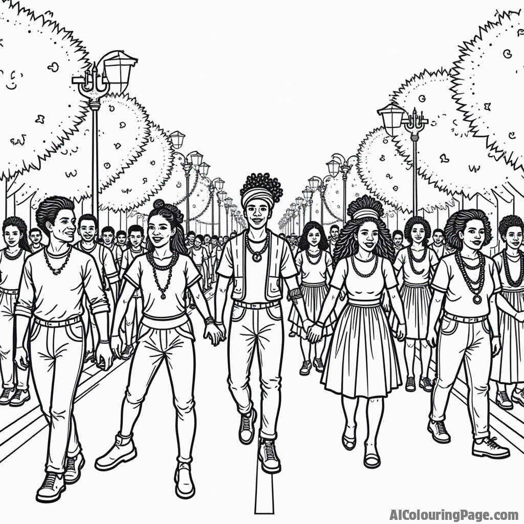 A joyful Kwanzaa parade scene with colorful floats, dancers in traditional clothing, and festive music, capturing the excitement of the celebration for a fun coloring page.