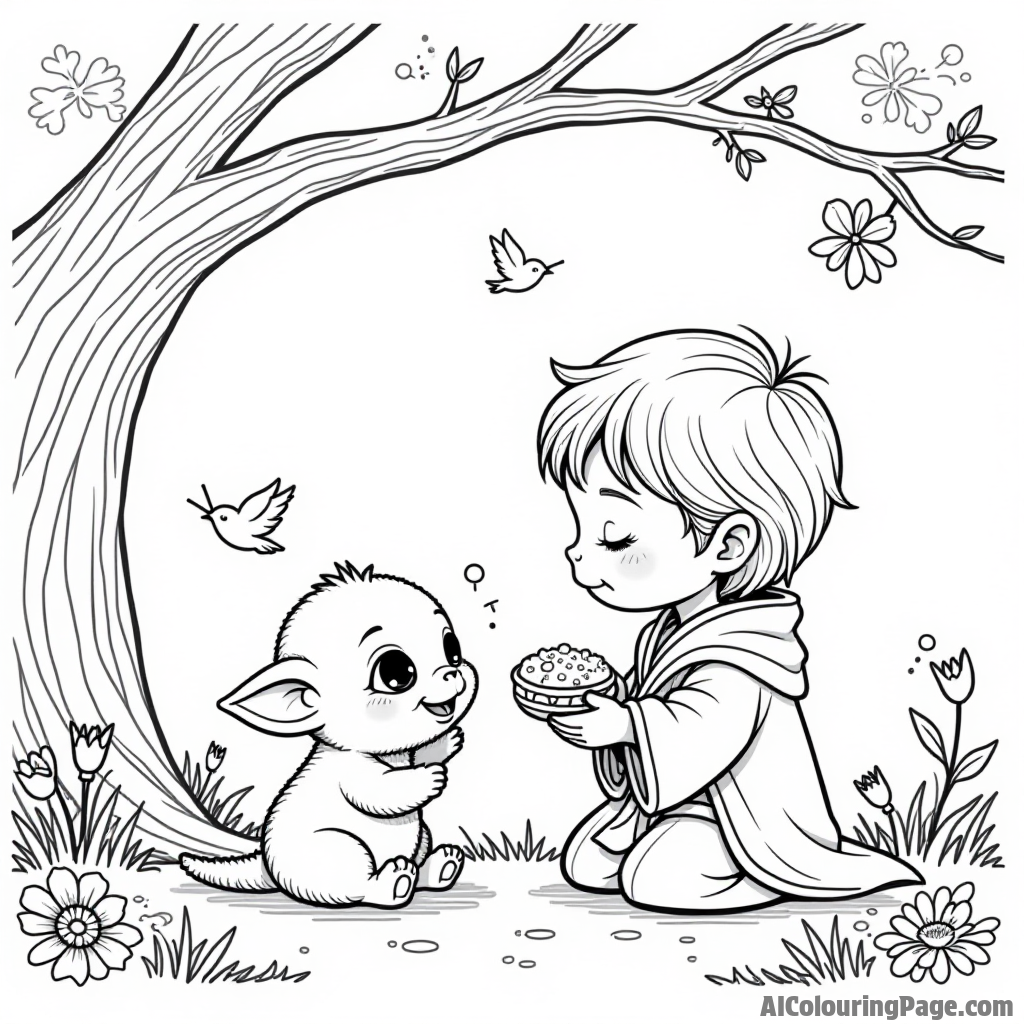 A cute baby creature and a young Jedi sharing a snack under a tree, with birds singing and flowers blooming around them.