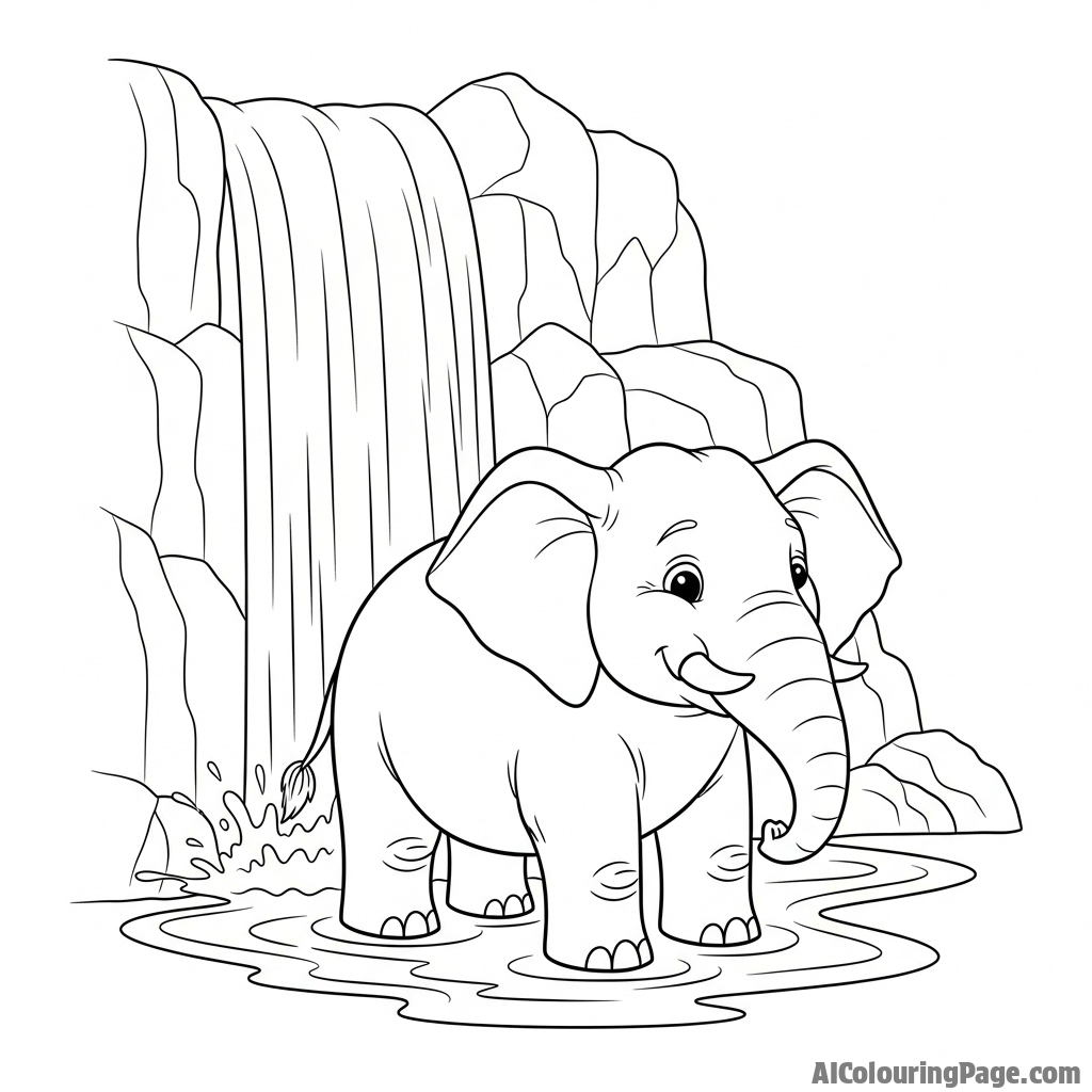 An elephant standing peacefully under a cascading waterfall.