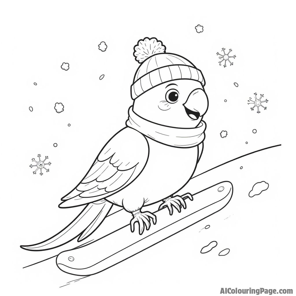 A parrot wearing a scarf and beanie, sliding down a snowy hill with snowflakes falling around in winter joy