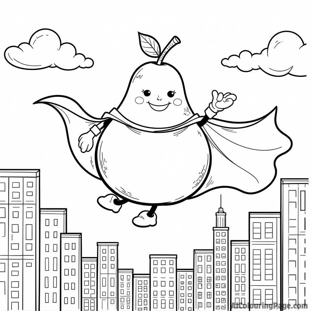 A pear superhero flying over a city skyline, with a cape waving behind, inspiring kids to color their hero story.