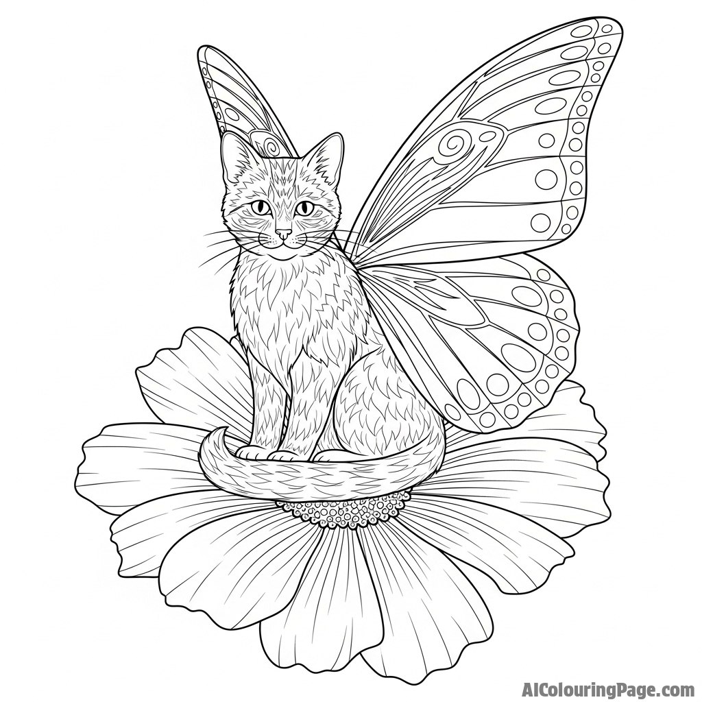A cat with butterfly wings, sitting on a flower.