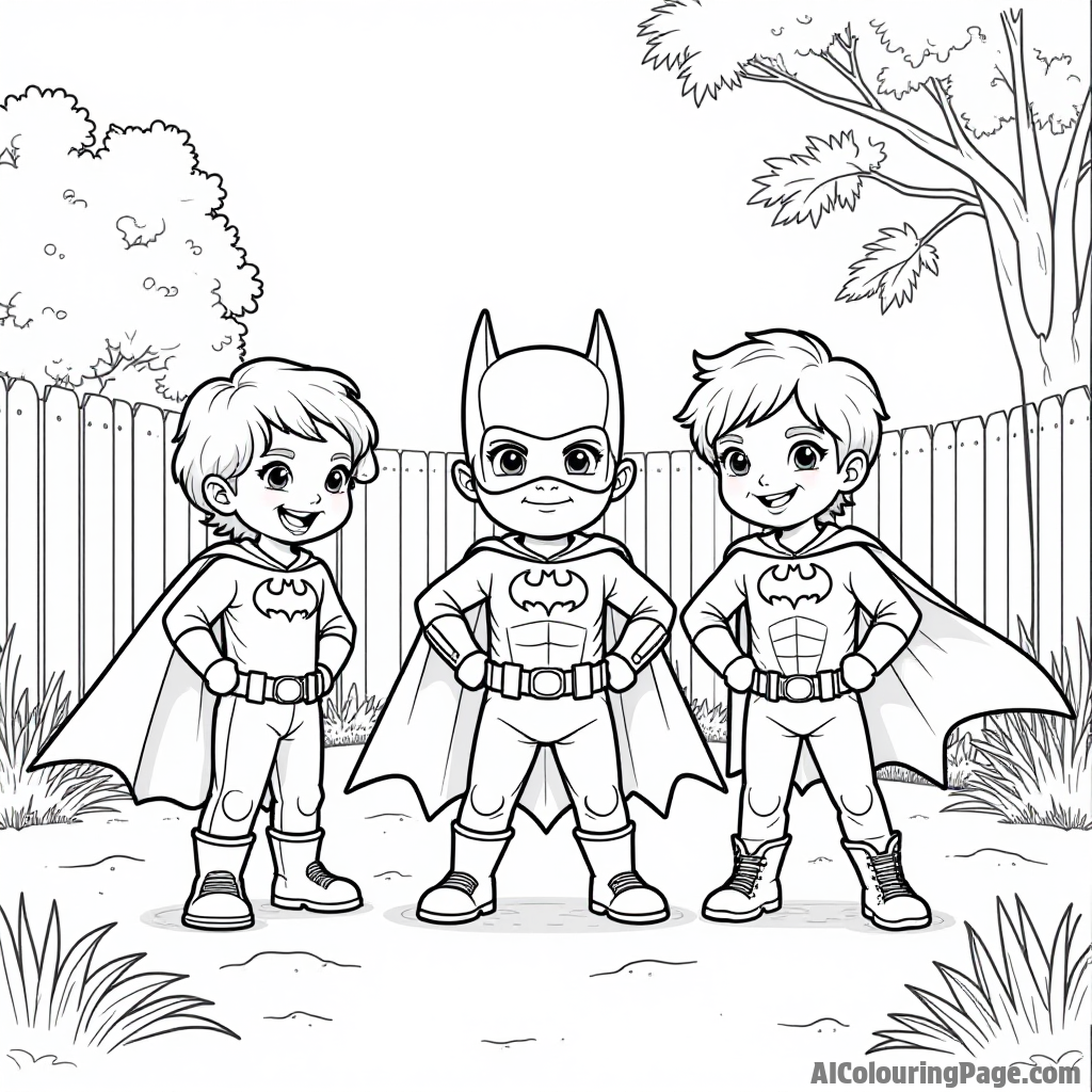 A group of children dressed as superheroes, including Batman, playing pretend in a backyard filled with toys and games.