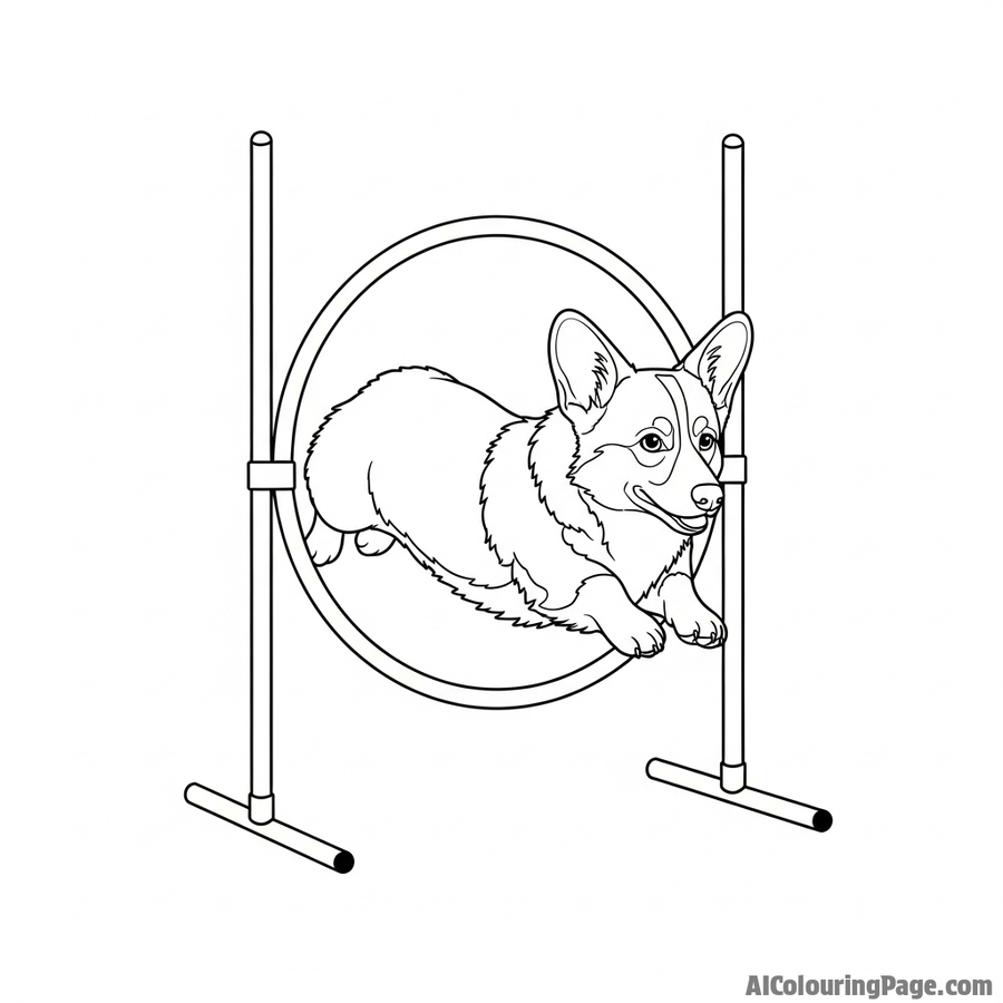 A corgi navigating an agility course, leaping through a hoop.