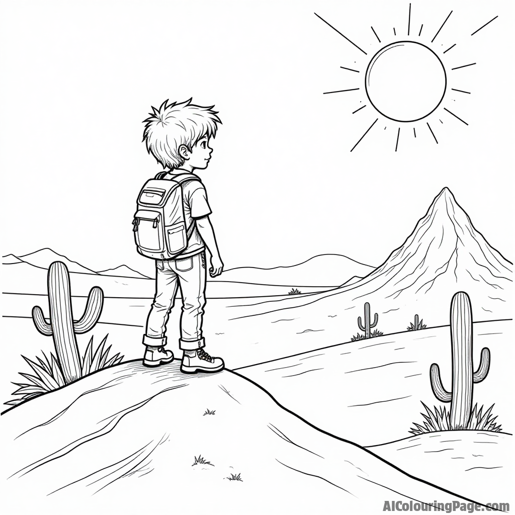 A young adventurer standing atop a sand dune, surveying the vast desert landscape with a sense of wonder, surrounded by scattered cacti and a bright sun, inviting kids to color their adventure.