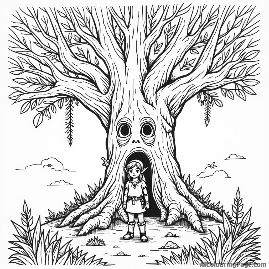 Link standing in front of a large, enchanted tree with faces carved into it, surrounded by mystical creatures and plants