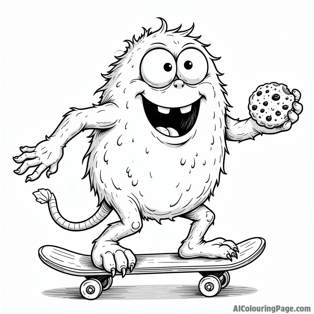 A funny monster trying to eat a giant cookie while balancing on a skateboard, with a playful expression.