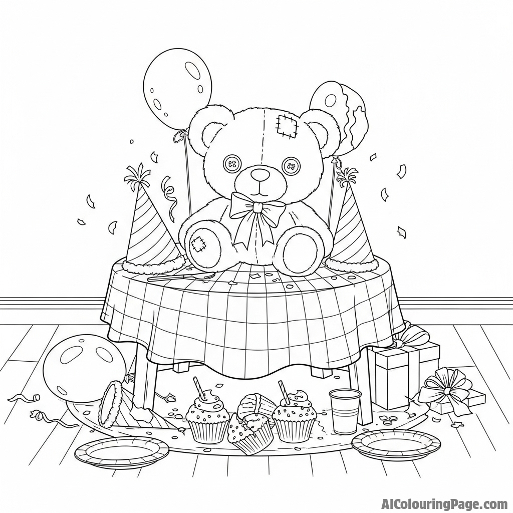 A plush teddy bear as the centerpiece of a child’s abandoned party.