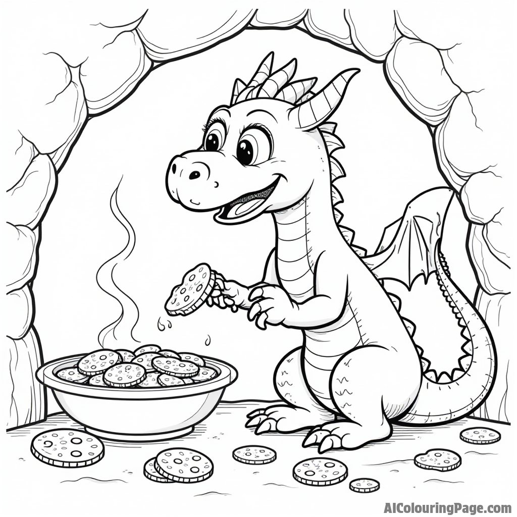 A friendly dragon baking cookies in a cave, with smoke coming out of the oven and a satisfied smile.