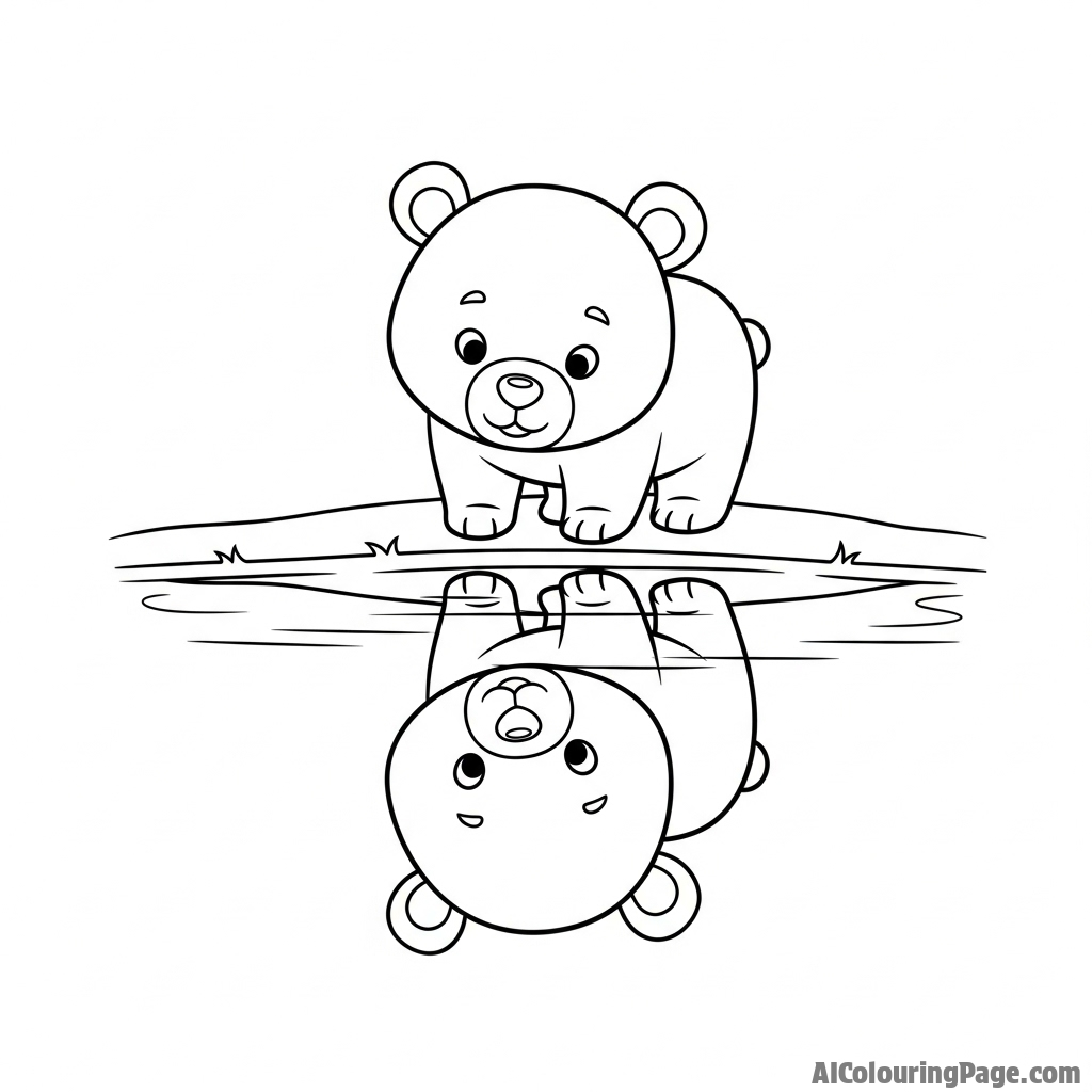 A bear’s reflection perfectly mirrored in the surface of a tranquil pond.