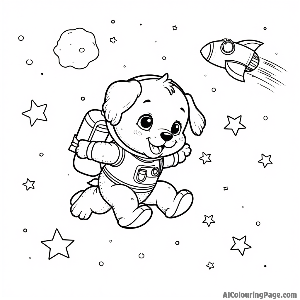 A puppy astronaut floating in space, surrounded by stars, a planet, and a colorful rocket ship zooming by.