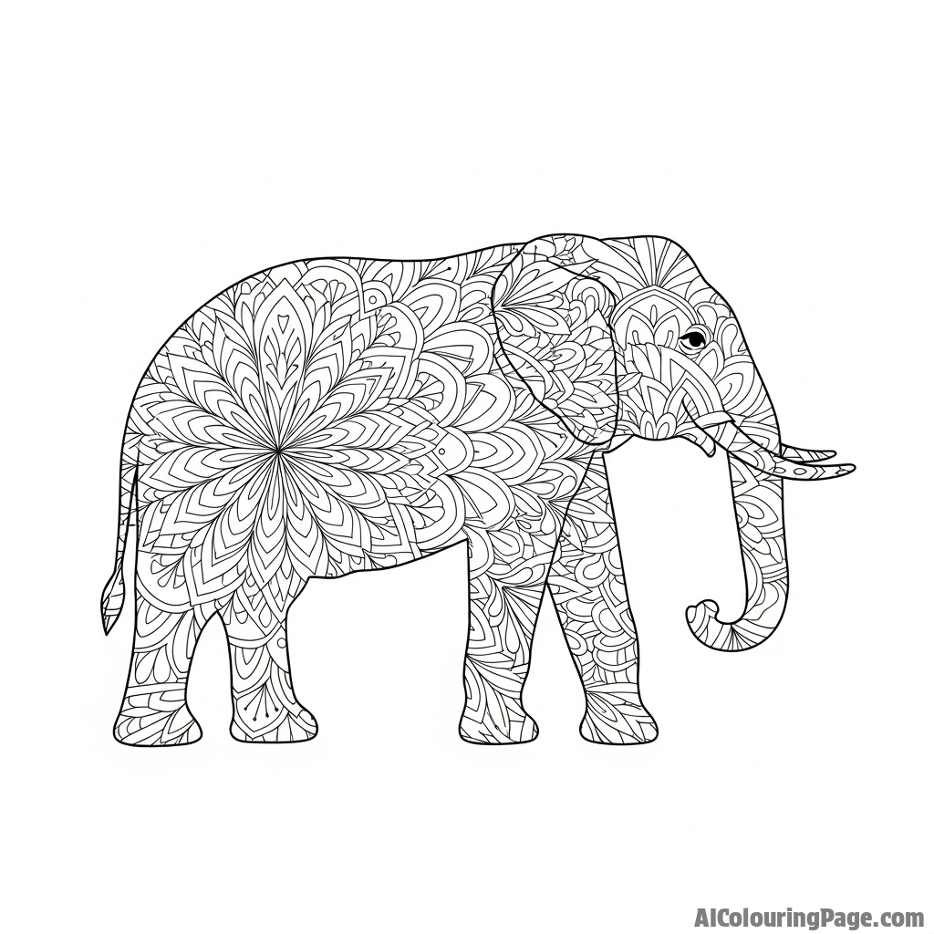 An elephant's silhouette filled with an intricate, detailed mandala pattern.