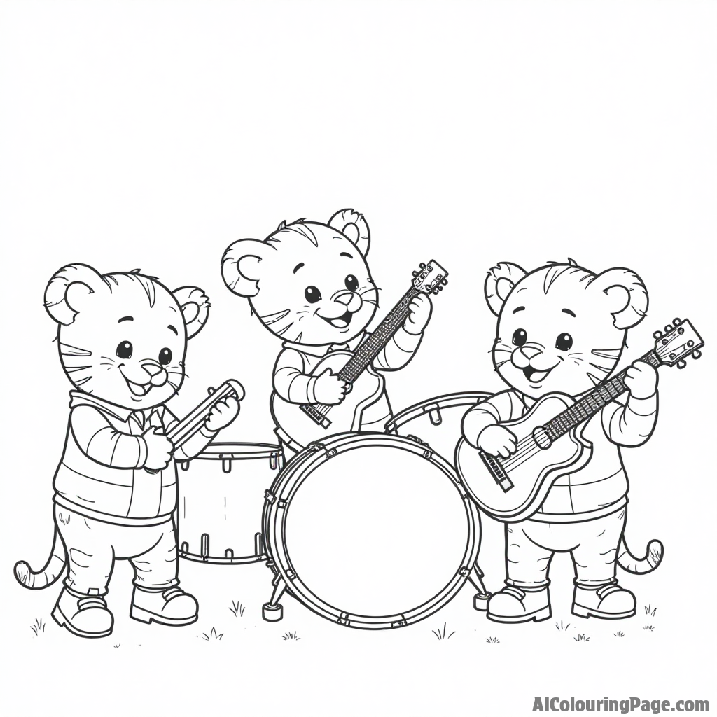 Daniel Tiger and his friends playing musical instruments in a band, with drums, guitars, and trumpets making joyful music.