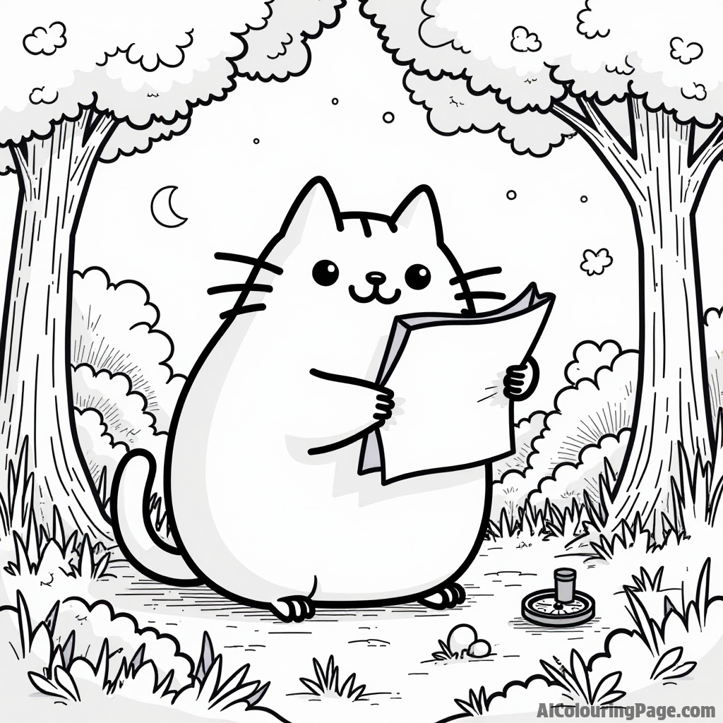 Pusheen on a treasure hunt with a map in hand and a compass looking for hidden treasures in the woods