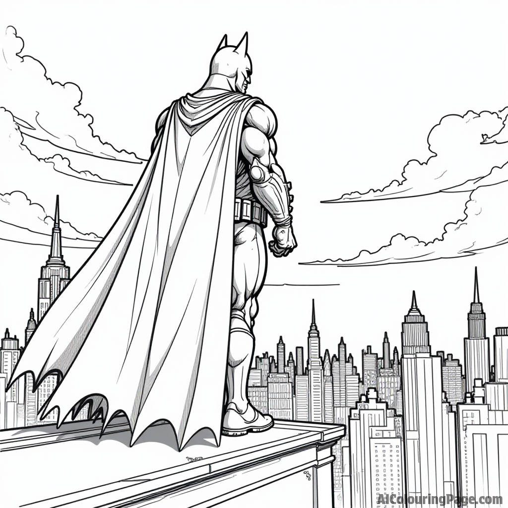 Batman standing tall on a rooftop with a flowing cape, watching over Gotham City as night falls around him.