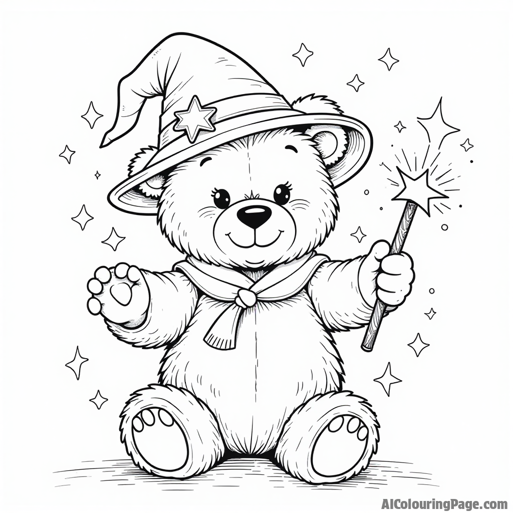 A teddy bear in a wizard hat casting a spell, with a magical wand and sparkling stars, encouraging kids to color this enchanting and whimsical scene.