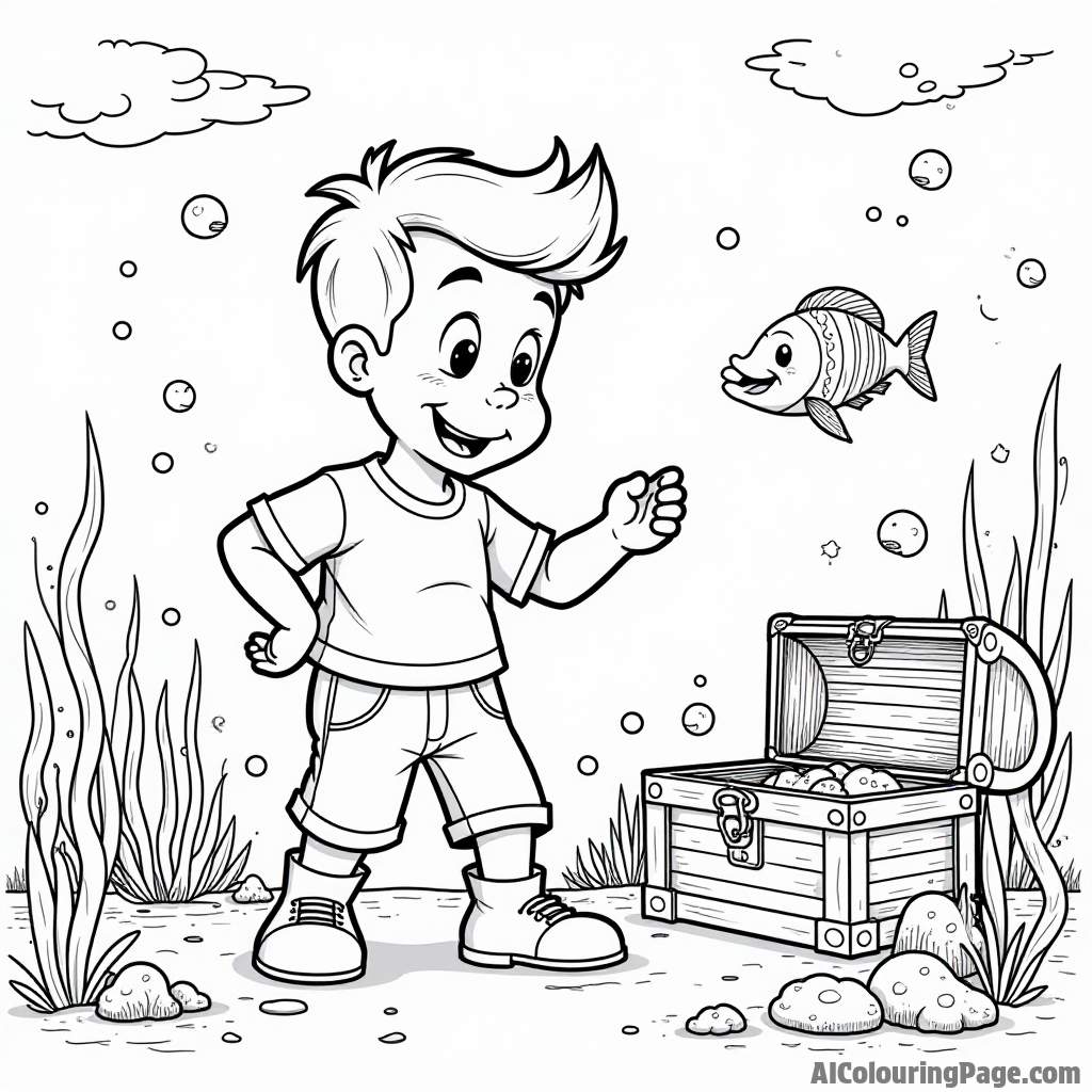 Johnny Bravo exploring an underwater world with fish and a treasure chest