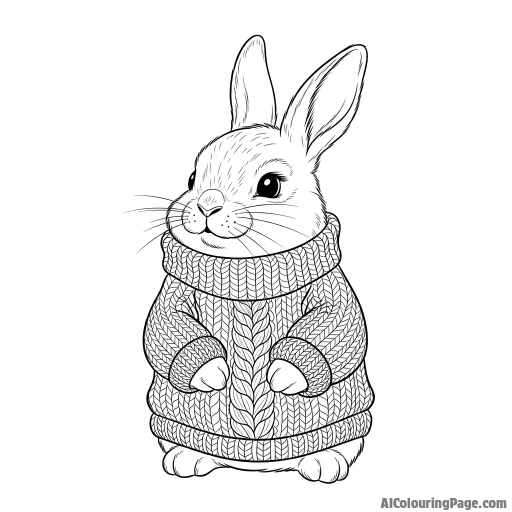 A bunny wearing a hand-knitted, chunky sweater, looking very cozy.