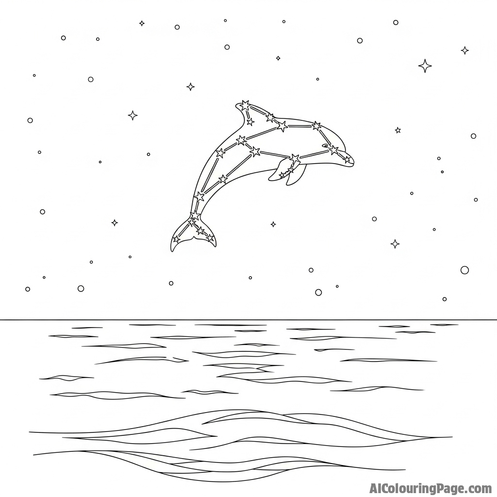 A dolphin constellation sparkling in the vast night sky above a calm sea.