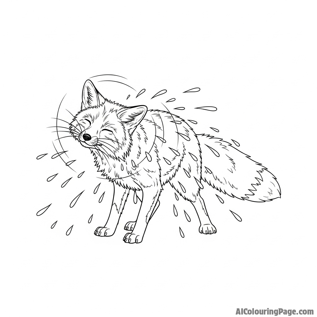 A photorealistic image of a fox shaking water from its fur in a shower of droplets.