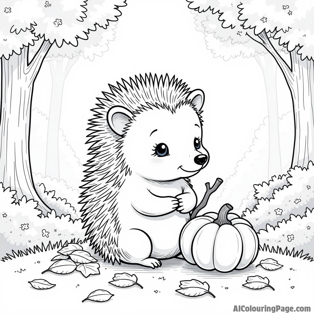 A cute hedgehog sitting on a pile of colorful leaves, holding a tiny pumpkin beside it in a peaceful forest