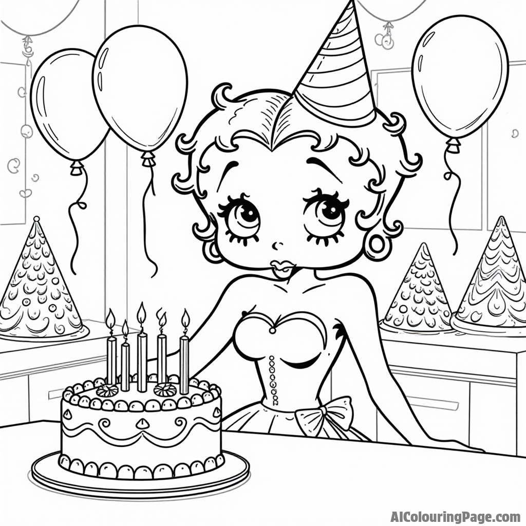 Betty Boop celebrating her birthday with a cake, balloons, and party hats in a cheerful party room filled with joy