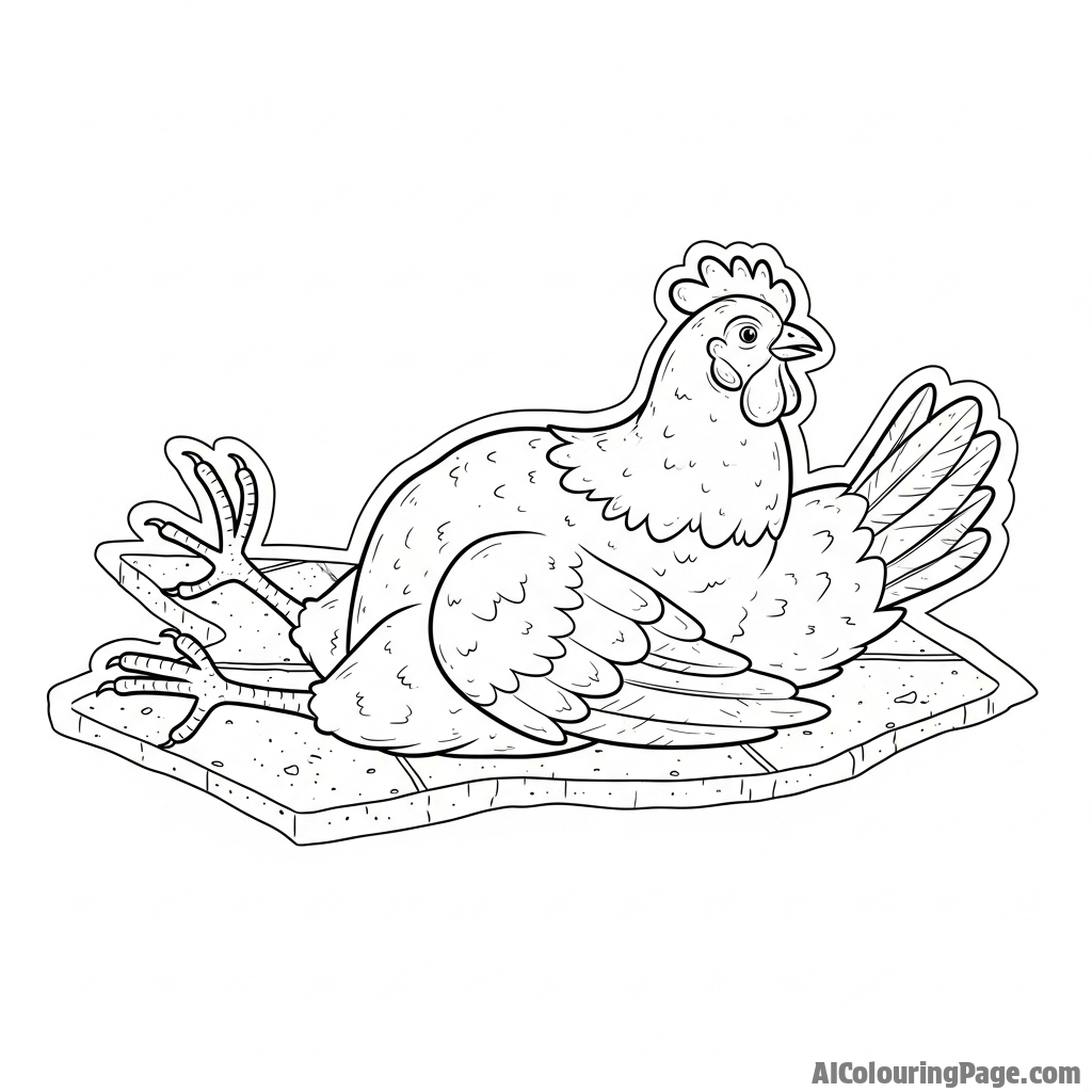 A chalk outline of a chicken on a pavement, as if in a crime scene.