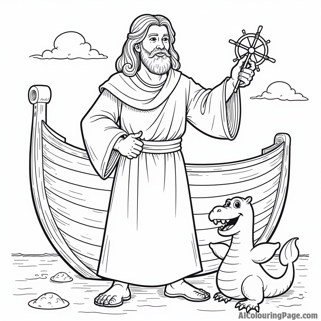 Noah standing proudly at the helm of the ark, with a compass in hand and a playful sea monster nearby.