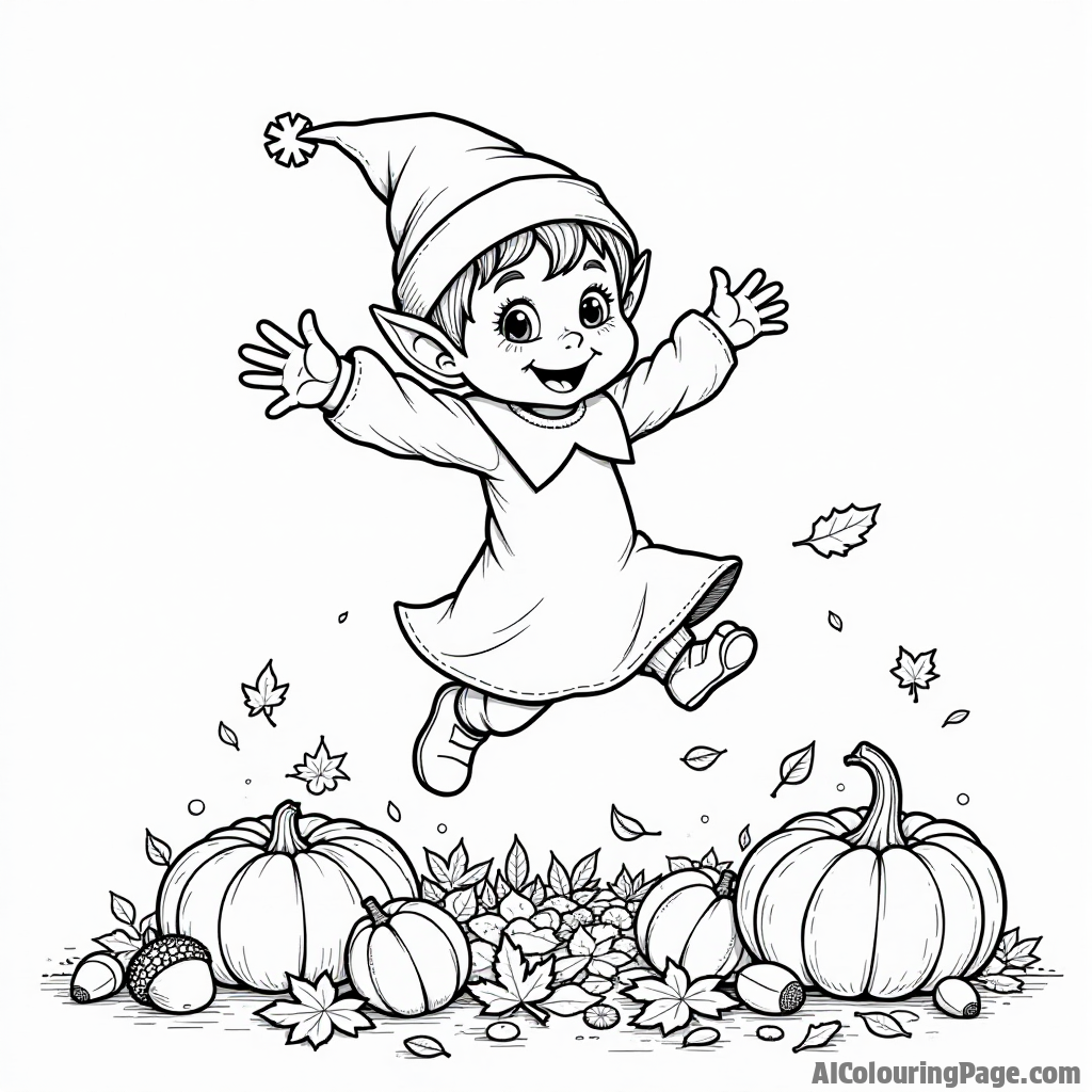 A playful elf jumping into a pile of autumn leaves, with acorns and pumpkins scattered around, inviting children to color this fun and seasonal scene in their imaginative ways.