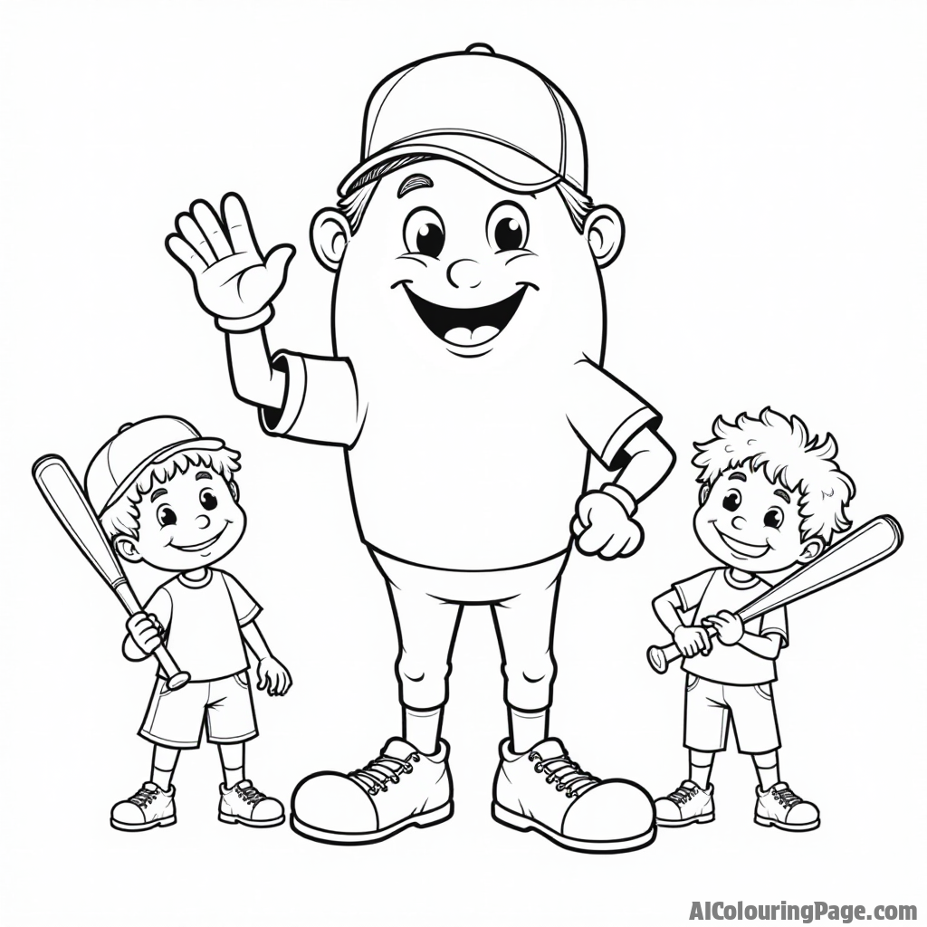 A cheerful baseball mascot waving, a baseball cap on its head, and a group of kids holding bats and balls, all ready for coloring and imaginative playtime fun.